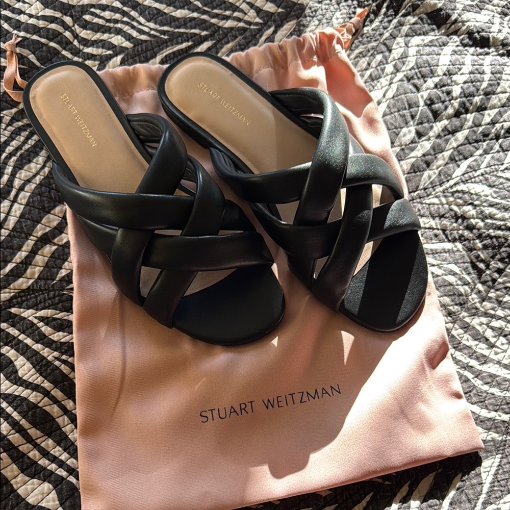 Stuart Weitzman Black Leather Woven Slide Sandals